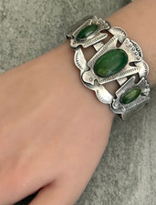 VTG FRED HARVEY ERA Navajo 3 Turquoise Thunderbird Sterling  Bracelet 42+g 7 in - Additional view 7