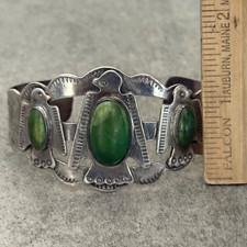VTG FRED HARVEY ERA Navajo 3 Turquoise Thunderbird Sterling  Bracelet 42+g 7 in - Additional view 10