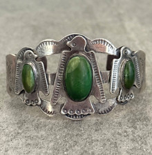 VTG FRED HARVEY ERA Navajo 3 Turquoise Thunderbird Sterling Bracelet 42+g 7 in
