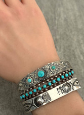 OLD Vintage FRED HARVEY ERA Navajo Turquoise ARROWHEAD Sterling Bracelet 6.9 in - Additional view 1