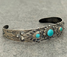 OLD Vintage FRED HARVEY ERA Navajo Turquoise ARROWHEAD Sterling Bracelet 6.9 in - Additional view 2