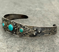 OLD Vintage FRED HARVEY ERA Navajo Turquoise ARROWHEAD Sterling Bracelet 6.9 in - Additional view 3