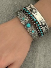 OLD Vintage FRED HARVEY ERA Navajo Turquoise ARROWHEAD Sterling Bracelet 6.9 in - Additional view 4