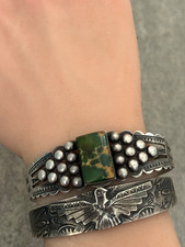 RARE FRED HARVEY ERA Navajo CERRILLOS Turquoise Sterling BUTTONS Bracelet 6.9 in - Additional view 1