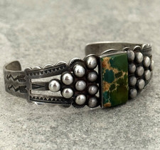RARE FRED HARVEY ERA Navajo CERRILLOS Turquoise Sterling BUTTONS Bracelet 6.9 in - Additional view 2