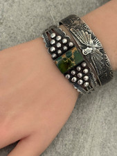 RARE FRED HARVEY ERA Navajo CERRILLOS Turquoise Sterling BUTTONS Bracelet 6.9 in - Additional view 4