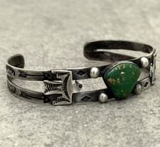 Old Vintage FRED HARVEY era Navajo Thunderbird Turquoise Silver Bracelet 7.25 in - Additional view 2
