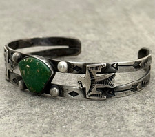 Old Vintage FRED HARVEY era Navajo Thunderbird Turquoise Silver Bracelet 7.25 in - Additional view 3