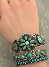 OLD Fred Harvey Era Navajo NO.8 Turquoise Cluster Sterling Bracelet 7 in - Additional view 1