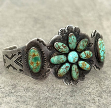 OLD Fred Harvey Era Navajo NO.8 Turquoise Cluster Sterling Bracelet 7 in - Additional view 2