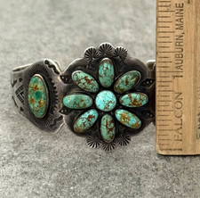 OLD Fred Harvey Era Navajo NO.8 Turquoise Cluster Sterling Bracelet 7 in - Additional view 12