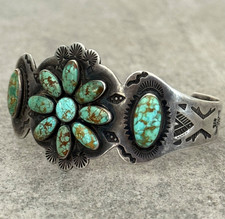 OLD Fred Harvey Era Navajo NO.8 Turquoise Cluster Sterling Bracelet 7 in - Additional view 3
