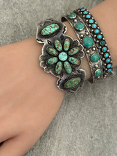 OLD Fred Harvey Era Navajo NO.8 Turquoise Cluster Sterling Bracelet 7 in - Additional view 4
