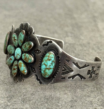 OLD Fred Harvey Era Navajo NO.8 Turquoise Cluster Sterling Bracelet 7 in - Additional view 5