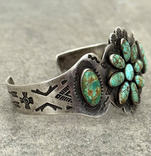 OLD Fred Harvey Era Navajo NO.8 Turquoise Cluster Sterling Bracelet 7 in - Additional view 6