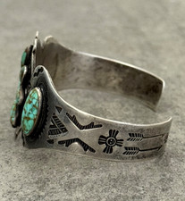 OLD Fred Harvey Era Navajo NO.8 Turquoise Cluster Sterling Bracelet 7 in - Additional view 7