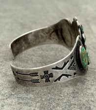 OLD Fred Harvey Era Navajo NO.8 Turquoise Cluster Sterling Bracelet 7 in - Additional view 8