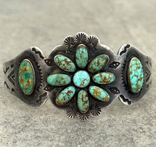 OLD Fred Harvey Era Navajo NO.8 Turquoise Cluster Sterling Bracelet 7 in