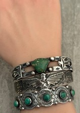 Old Vintage FRED HARVEY era Navajo Thunderbird Turquoise Silver Bracelet 7.25 in - Additional view 1