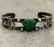 Old Vintage FRED HARVEY era Navajo Thunderbird Turquoise Silver Bracelet 7.25 in