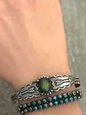 OLD FRED HARVEY ERA Navajo ARROWS Turquoise Scalloped Silver Bracelet 6.75 in - Additional view 1