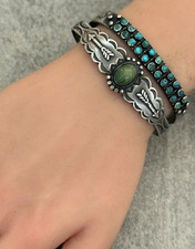 OLD FRED HARVEY ERA Navajo ARROWS Turquoise Scalloped Silver Bracelet 6.75 in - Additional view 4