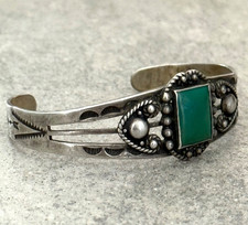 Vintage FRED HARVEY ERA Navajo Turquoise STAMPED Sterling Bracelet 6.75 in - Additional view 2