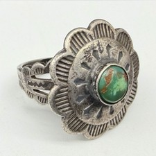 Vintage Fred Harvey Era Sterling Silver Concho Green Turquoise Size 5 Ring 4.9g