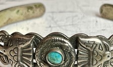 Navajo Fred Harvey Era Green Turquoise Snake Thunderbird Sterling Cuff Bracelet - Additional view 5