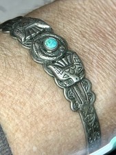 Navajo Fred Harvey Era Green Turquoise Snake Thunderbird Sterling Cuff Bracelet - Additional view 7
