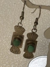 Vintage Fred Harvey Era Turquoise Sterling Silver Stamped Drop Pierced Earrings - Additional view 1