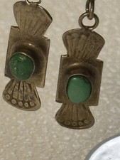Vintage Fred Harvey Era Turquoise Sterling Silver Stamped Drop Pierced Earrings - Additional view 2