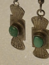 Vintage Fred Harvey Era Turquoise Sterling Silver Stamped Drop Pierced Earrings - Additional view 3