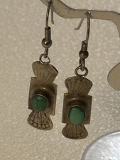 Vintage Fred Harvey Era Turquoise Sterling Silver Stamped Drop Pierced Earrings