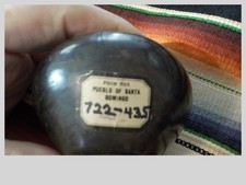 vintage black Santo Domingo Pueblo pottery pot with Fred Harvey label 3.25