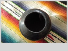 vintage black Santo Domingo Pueblo pottery pot with Fred Harvey label 3.25