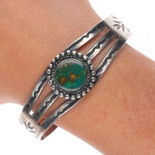 6.4" 40's-50's Fred Harvey sterling silver cuff bracelet w/ nice green turquoise