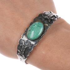 6.375" 1940's Sterling and turquoise Fred Harvey era dog cuff bracelet