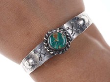 6" Fred Harvey Era Sterling silver turquoise Heavy stamped cuff bracelet
