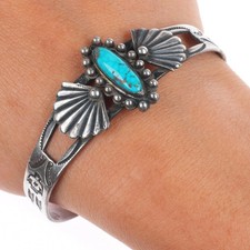 6.5" 1940's Fred Harvey type sterling silver thunderbird turquoise cuff bracelet
