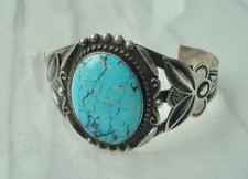 Large VTG TURQUOISE Navajo Stamped Sterling SILVER CUFF BRACELET Fred Harvey Era - Additional view 1