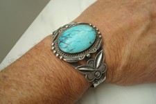 Large VTG TURQUOISE Navajo Stamped Sterling SILVER CUFF BRACELET Fred Harvey Era - Additional view 2