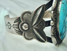 Large VTG TURQUOISE Navajo Stamped Sterling SILVER CUFF BRACELET Fred Harvey Era - Additional view 13