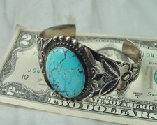 Large VTG TURQUOISE Navajo Stamped Sterling SILVER CUFF BRACELET Fred Harvey Era - Additional view 3