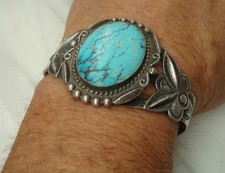 Large VTG TURQUOISE Navajo Stamped Sterling SILVER CUFF BRACELET Fred Harvey Era - Additional view 4