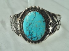 Large VTG TURQUOISE Navajo Stamped Sterling SILVER CUFF BRACELET Fred Harvey Era - Additional view 5