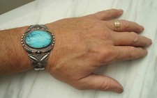 Large VTG TURQUOISE Navajo Stamped Sterling SILVER CUFF BRACELET Fred Harvey Era - Additional view 6
