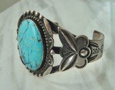Large VTG TURQUOISE Navajo Stamped Sterling SILVER CUFF BRACELET Fred Harvey Era - Additional view 9