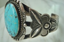 Large VTG TURQUOISE Navajo Stamped Sterling SILVER CUFF BRACELET Fred Harvey Era - Additional view 10