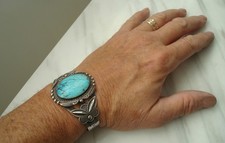 Large VTG TURQUOISE Navajo Stamped Sterling SILVER CUFF BRACELET Fred Harvey Era